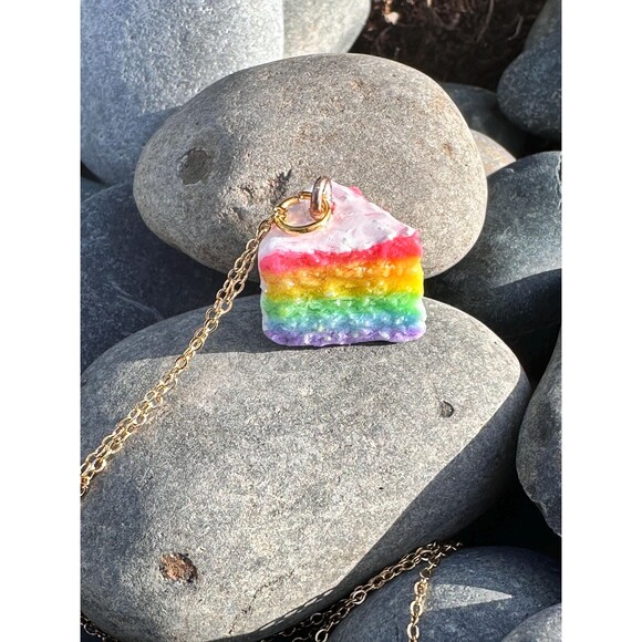 Handmade Rainbow Cake Slice Necklace , Polymer Clay Jewelry, Food Charm Necklace - Picture 4 of 4